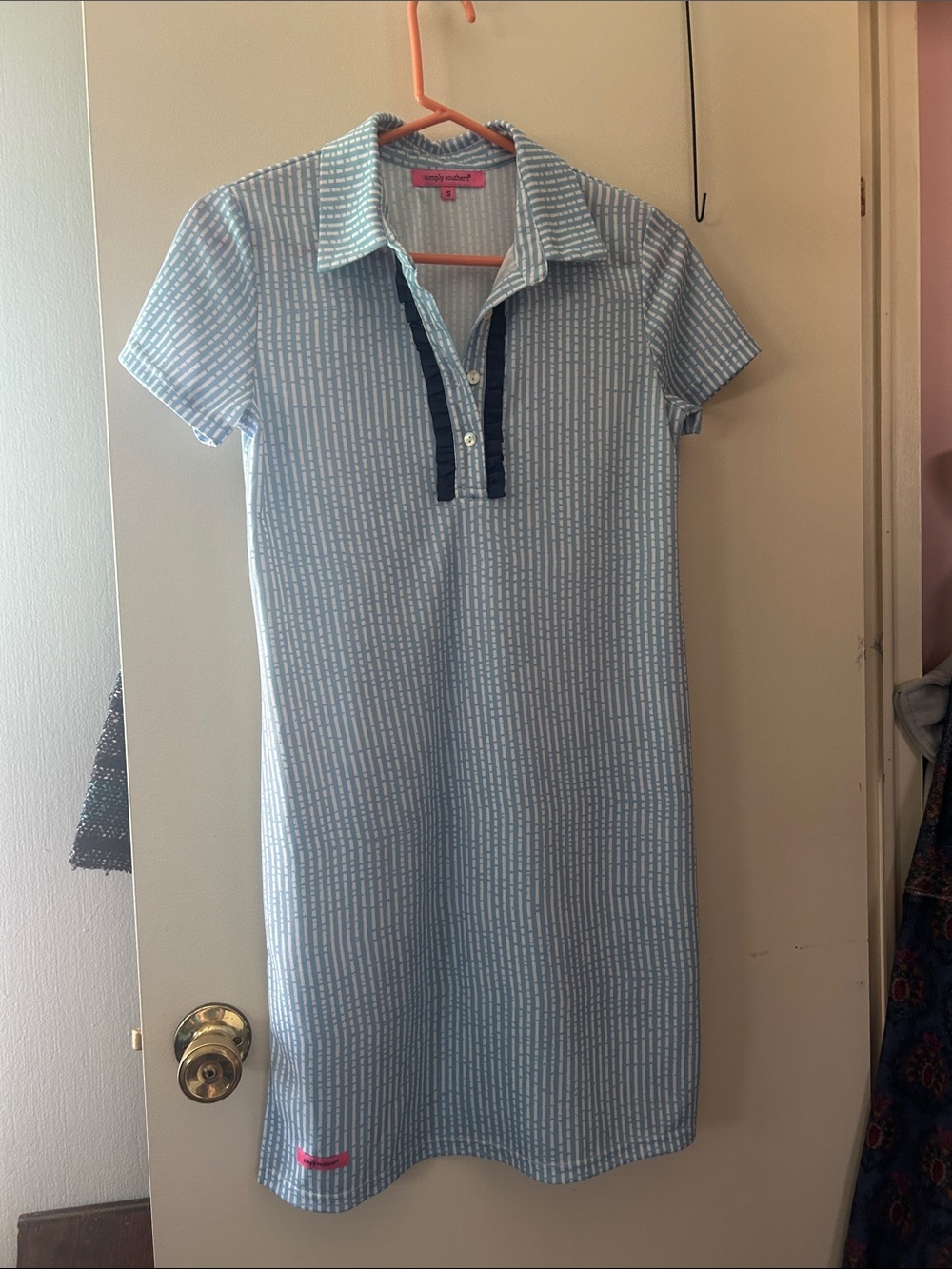 Simply Southern Light Blue Striped Polo Dress with Navy Placket